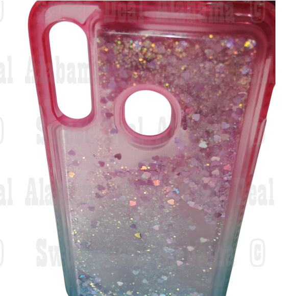 Cellphone Case For Samsung Galaxy A20s, Pink/Aqua w/ Glitter/Hearts Quicksand - Picture 2 of 6